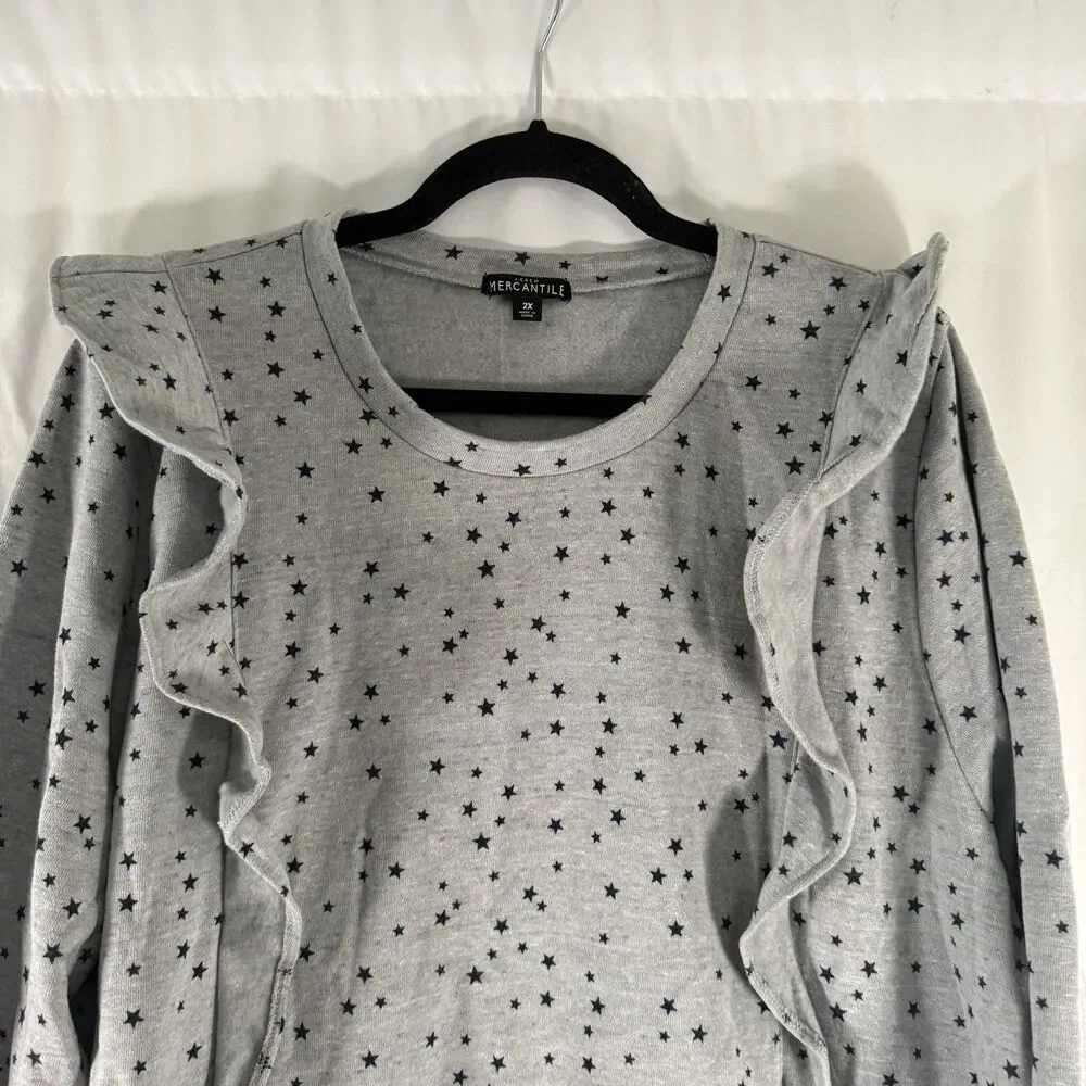 J Crew Mercantile Sweater Women's 2X Grey Star Print Ruffle Trim Pullover Long S